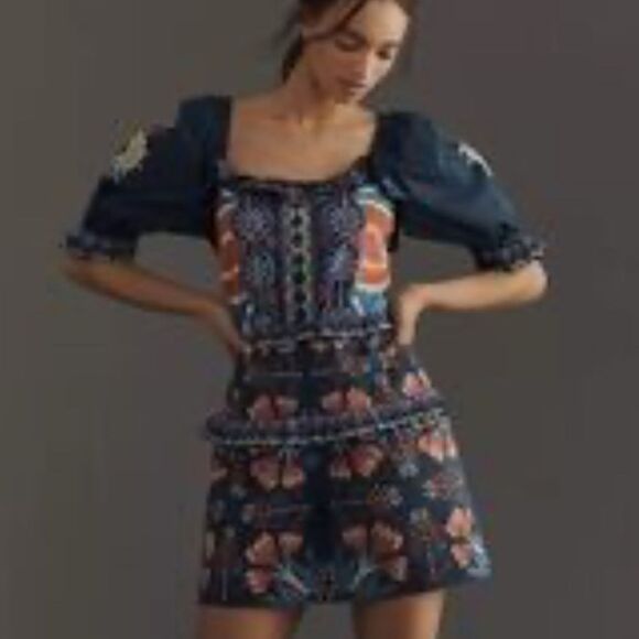 NWT FARM RIO X Puff-Sleeve Ruffled Floral Romper MEDIUM - Picture 3 of 4